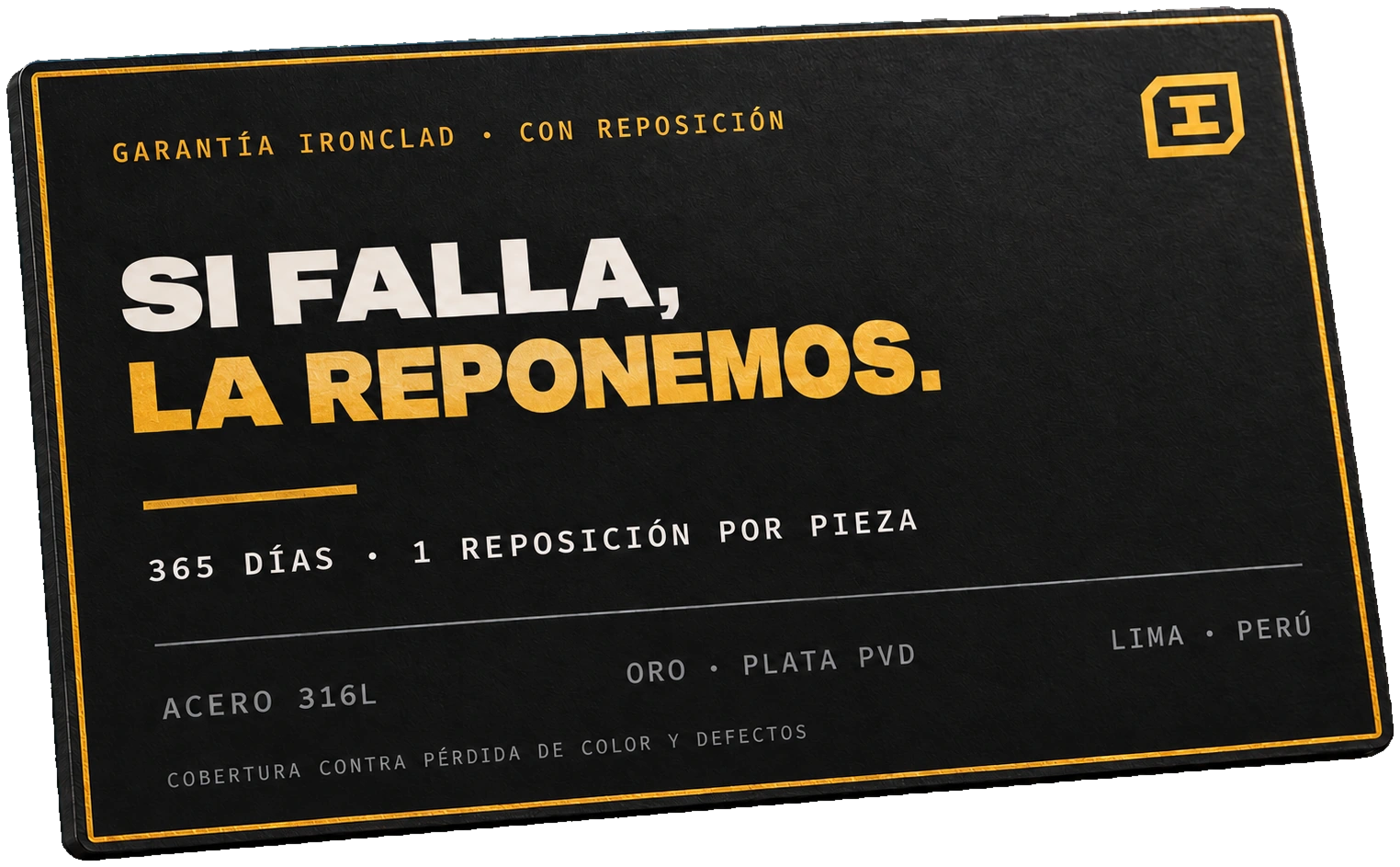 Tarjeta física negra de garantía IRONCLAD con cobertura de 365 días y una reposición por pieza