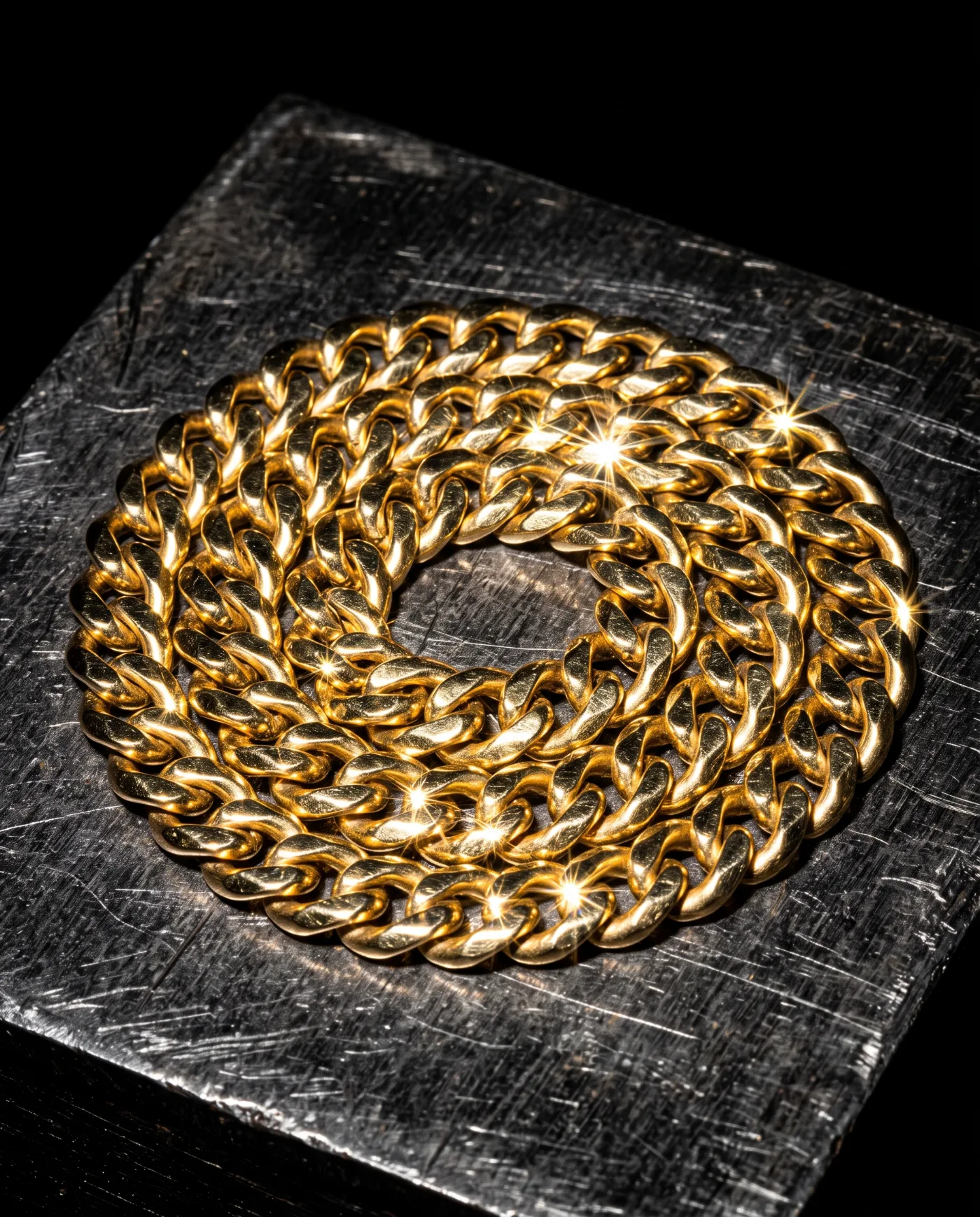 Cadena cubana de oro sobre acero rayado